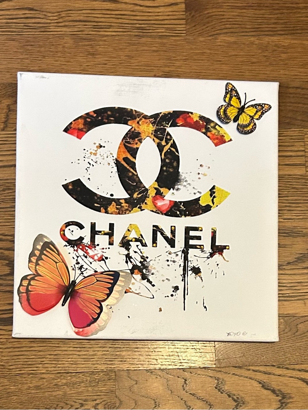 Designer White Canvas Logo Art with Orange and Yellow 3D Butterflies-xoxoE 0058